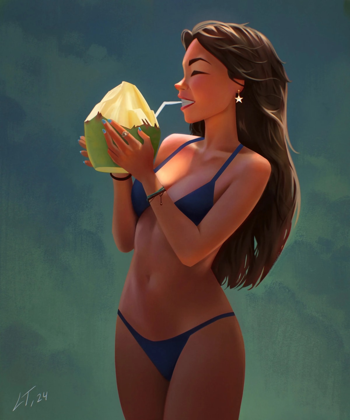 Ilustración de una chica bebiendo de un coco en la playa, de Luis Tomás, profesor de Concept Art en TRAZOS