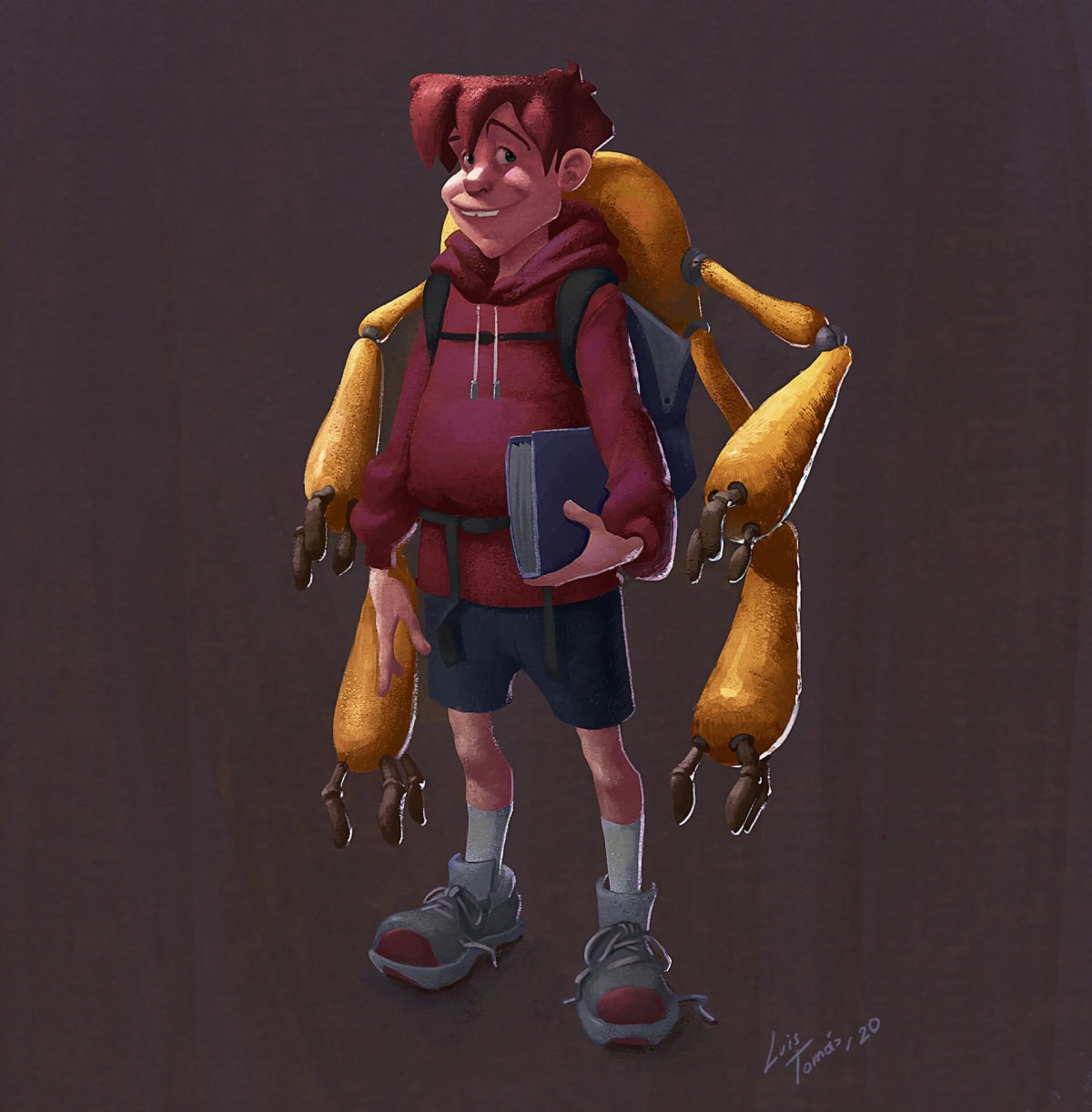Diseño de personaje de un chico con mochila de brazos robóticos, de Luis Tomás, profesor de Concept Art en TRAZOS