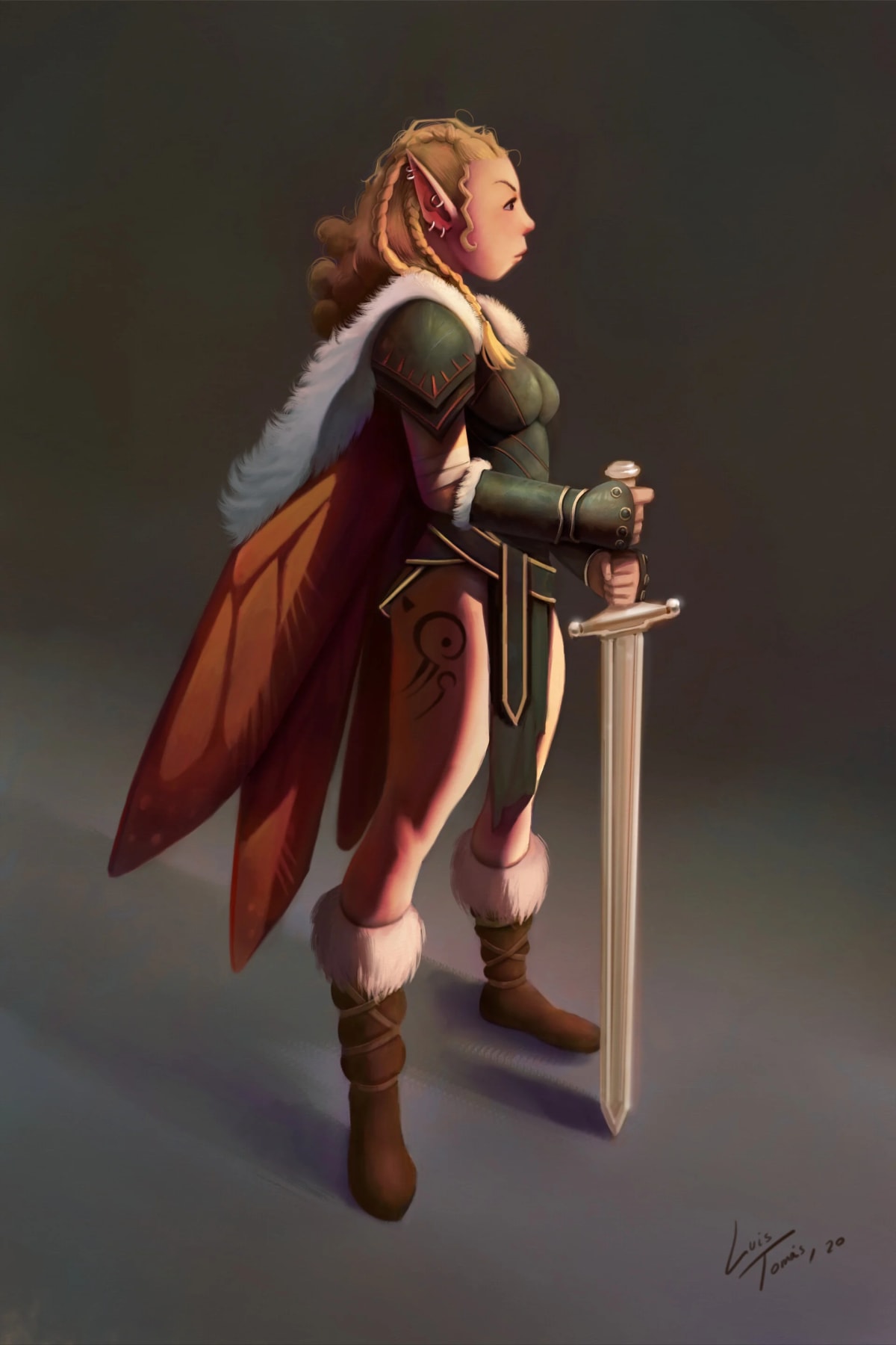 Diseño de personaje de una elfa guerrera con espada, de Luis Tomás, profesor de Concept Art en TRAZOS