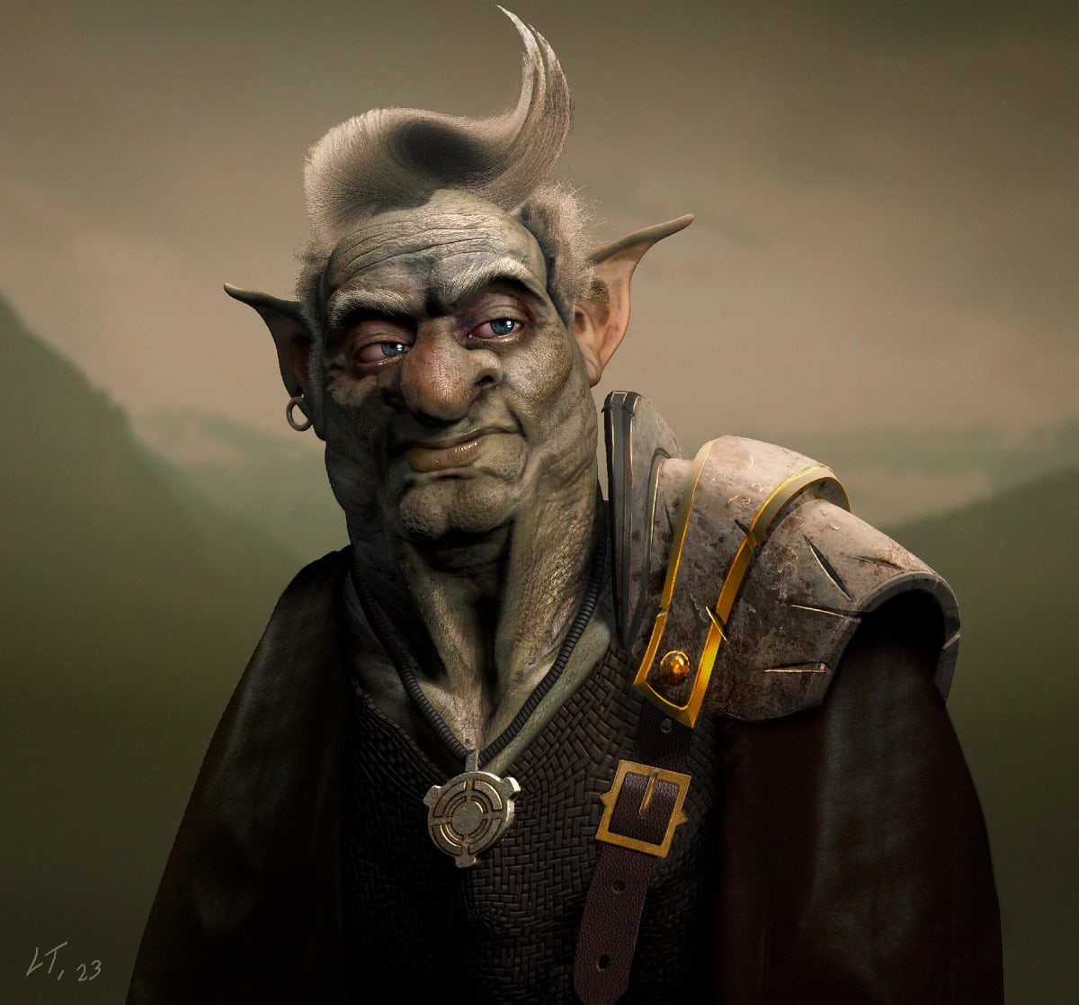 Diseño de personaje de un goblin anciano con hombrera, de Luis Tomás, profesor de Concept Art en TRAZOS