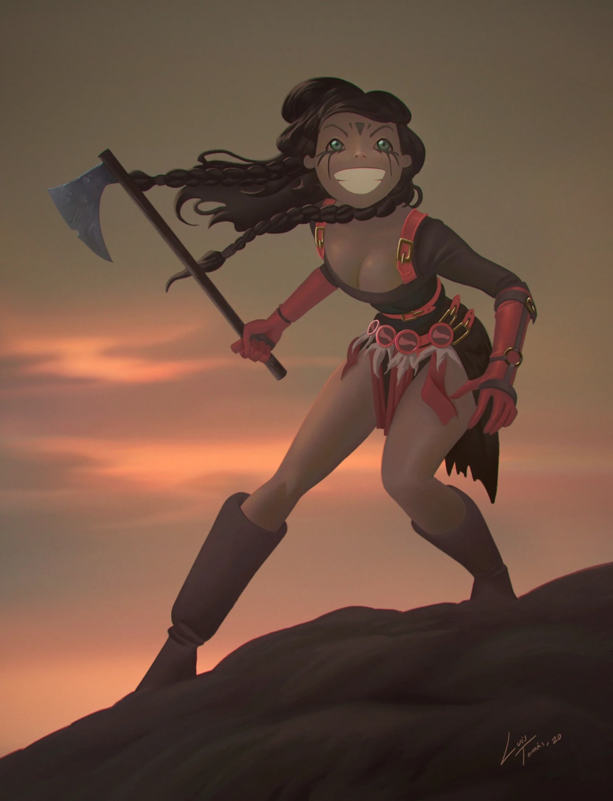 Ilustración de una guerrera con hacha al atardecer, de Luis Tomás, profesor de Concept Art en TRAZOS