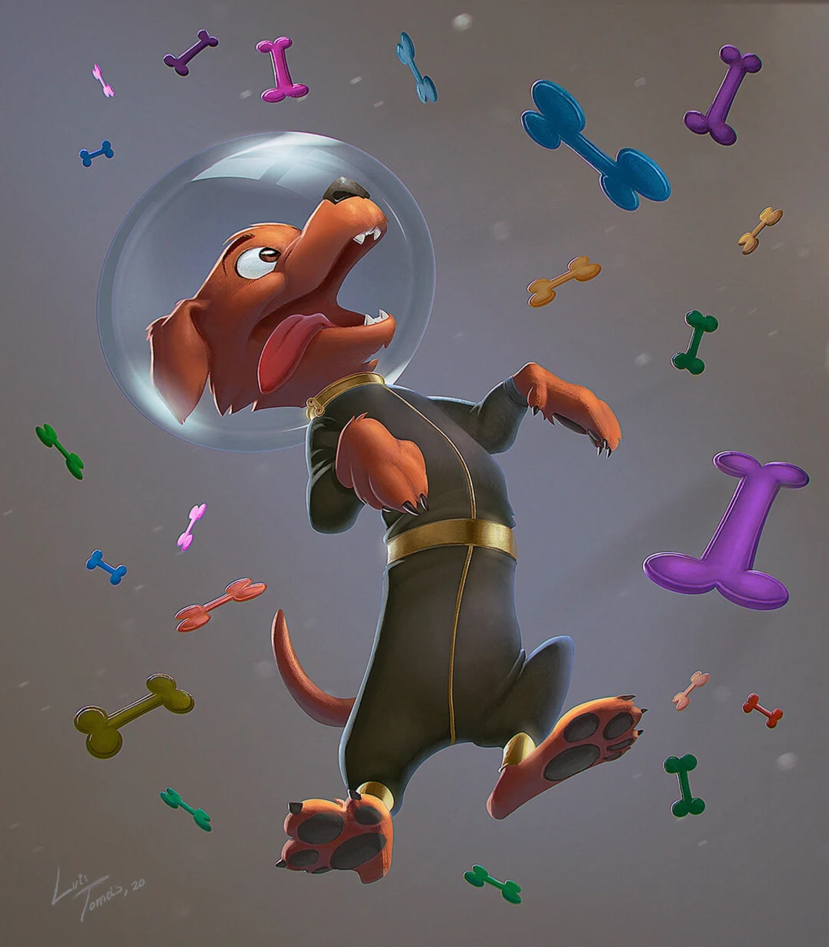 Ilustración cartoon de un perro astronauta entre huesos flotantes, de Luis Tomás, profesor de Concept Art en TRAZOS