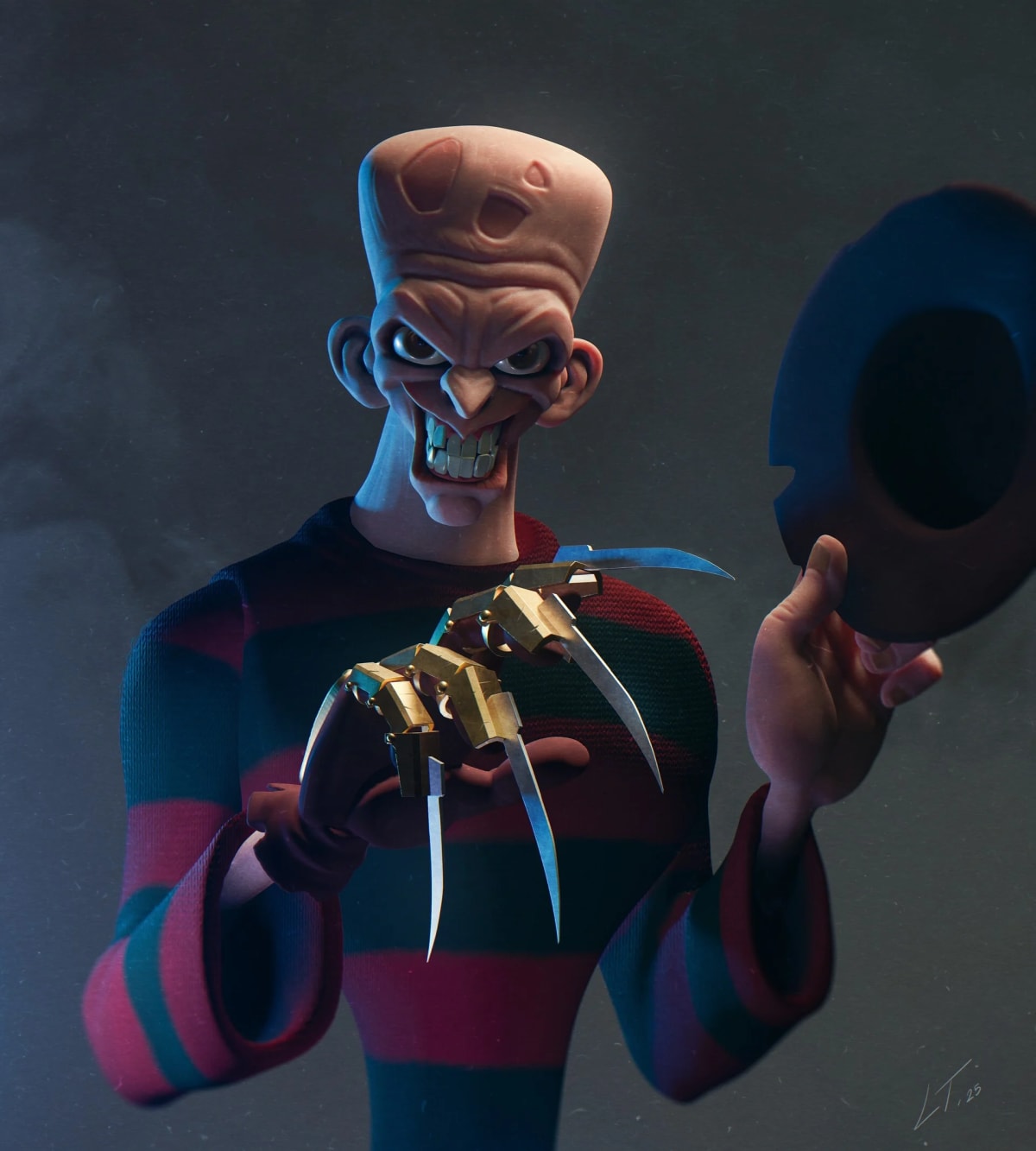 Concept de personaje 3D de un asesino con jersey a rayas y guantelete de cuchillas, de Luis Tomás, profesor de Concept Art en TRAZOS
