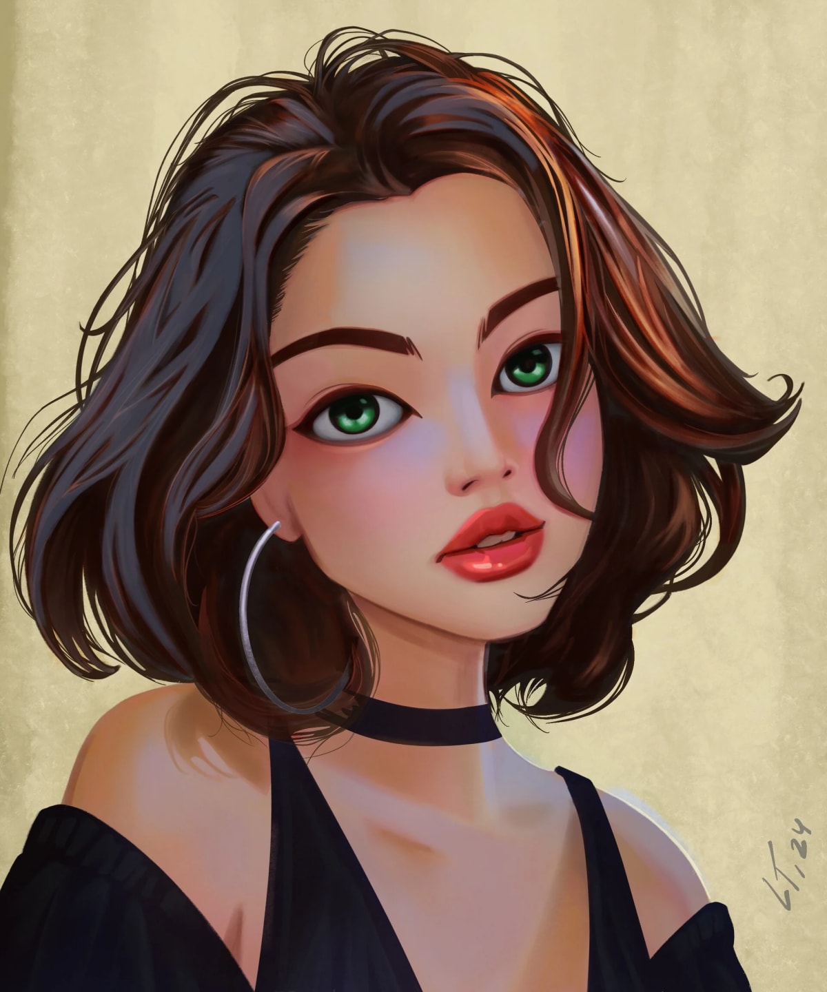 Retrato ilustrado de una chica con pendiente de aro, de Luis Tomás, profesor de Concept Art en TRAZOS