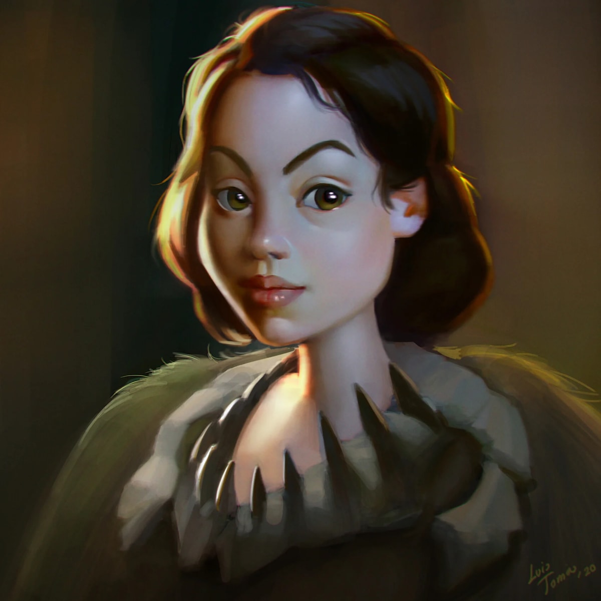 Retrato pictórico de una mujer con cuello de plumas, de Luis Tomás, profesor de Concept Art en TRAZOS