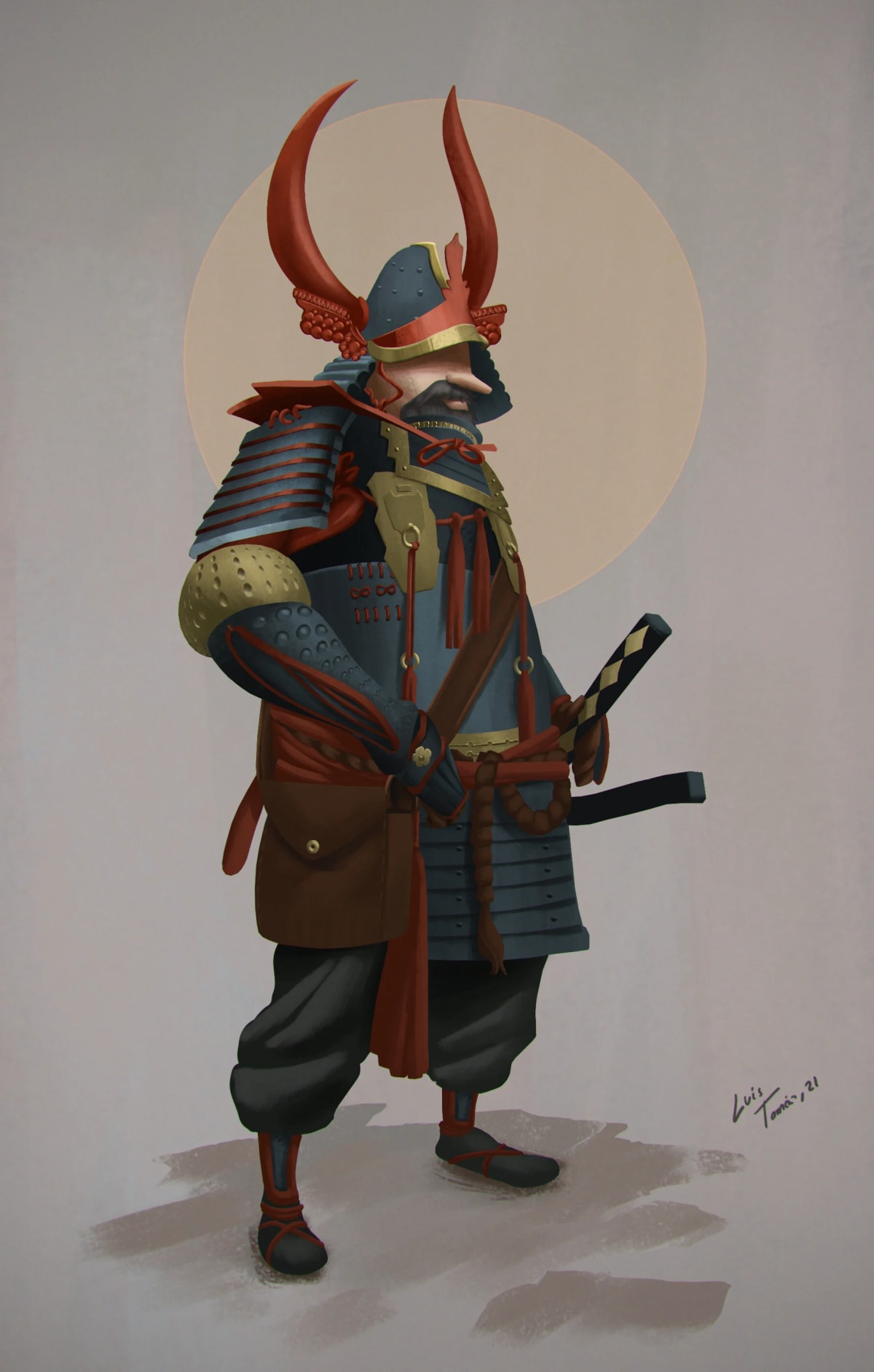 Diseño de personaje de un samurái con casco de cuernos rojos, de Luis Tomás, profesor de Concept Art en TRAZOS