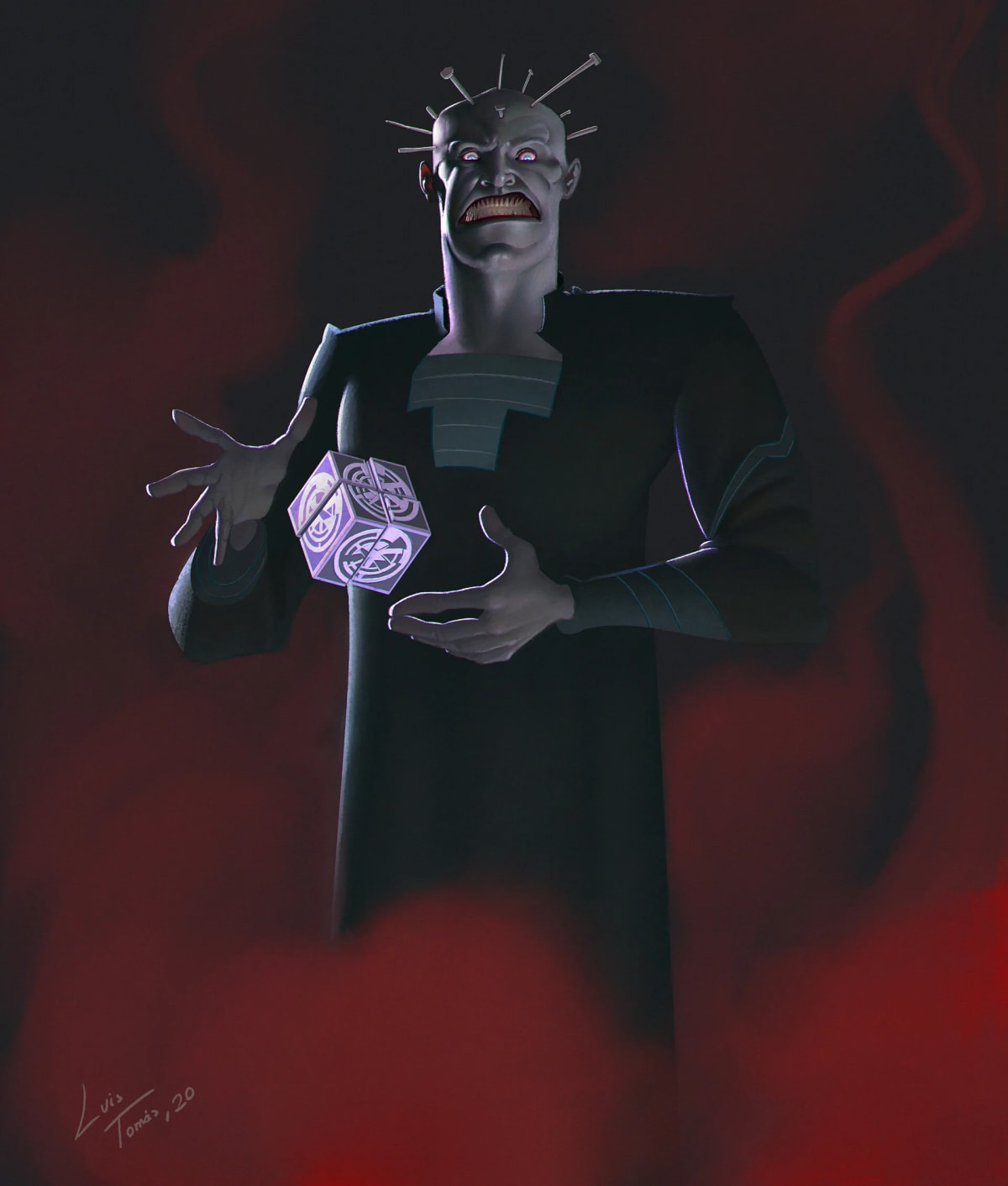 Diseño de personaje de un villano con un cubo mágico, de Luis Tomás, profesor de Concept Art en TRAZOS