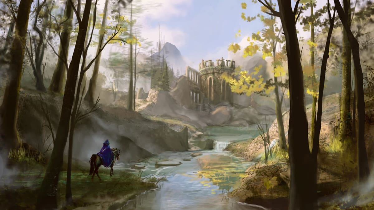 Concept art de un jinete ante unas ruinas en el bosque, de Sandra Montero, profesor de Concept Art e Ilustración en TRAZOS