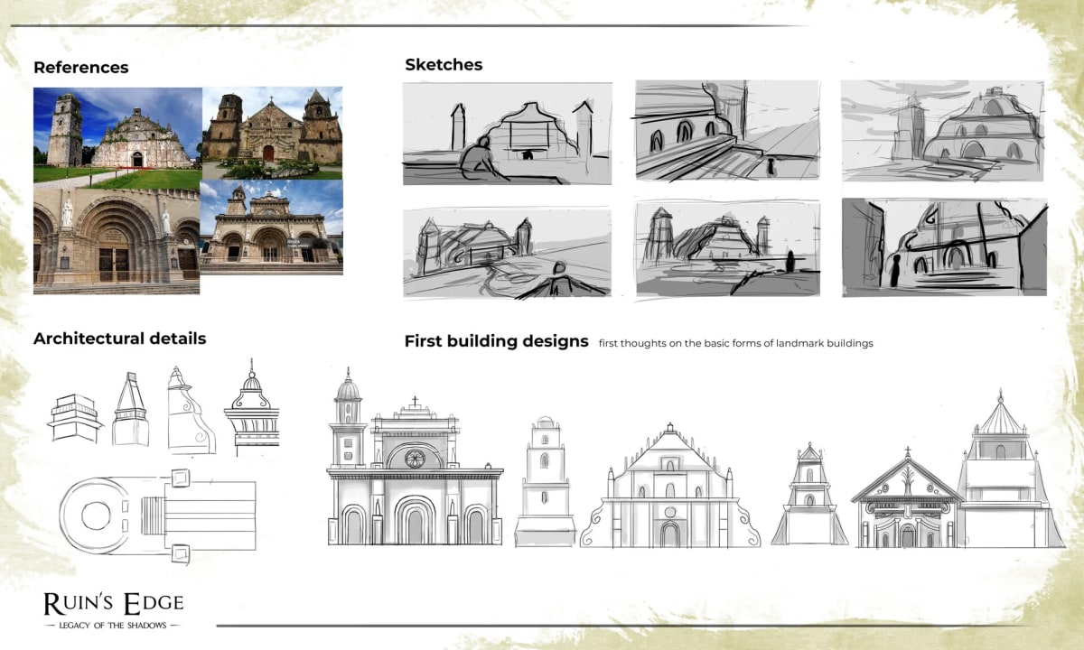 Lámina de referencias y bocetos de edificios tipo iglesia, de Sandra Montero, profesor de Concept Art e Ilustración en TRAZOS