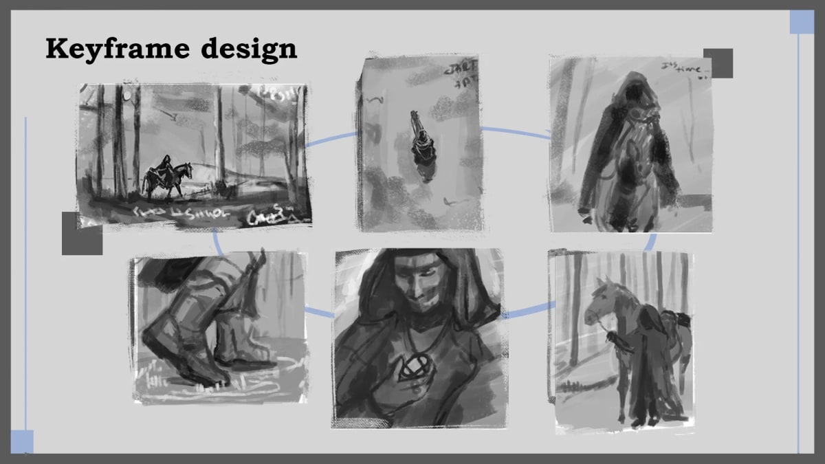 Lámina de keyframes de un jinete en el bosque, de Sandra Montero, profesor de Concept Art e Ilustración en TRAZOS