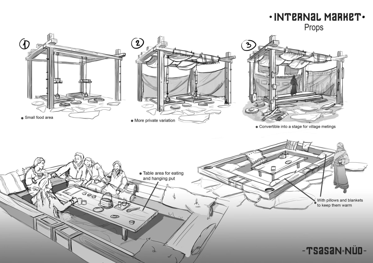 Lámina de props de un mercado interior, de Sandra Montero, profesor de Concept Art e Ilustración en TRAZOS