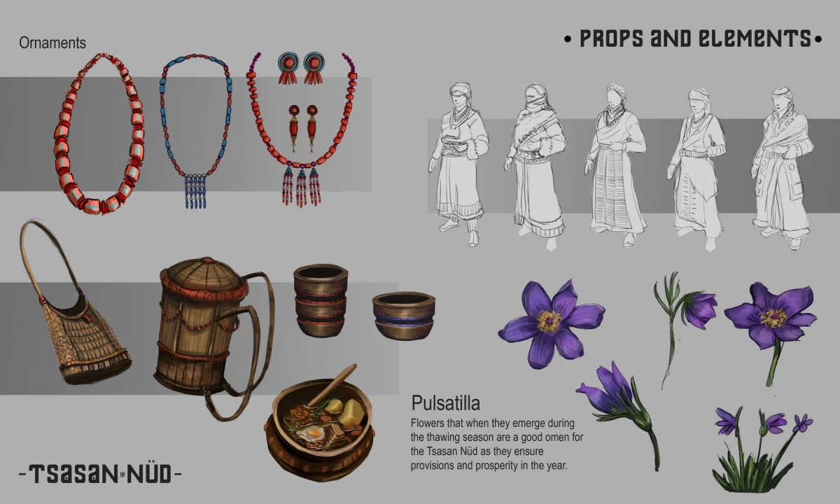 Lámina de props: ornamentos y flores pulsatilla, de Sandra Montero, profesor de Concept Art e Ilustración en TRAZOS