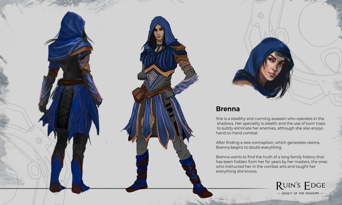 Diseño de personaje de Brenna, asesina encapuchada (Ruin’s Edge), de Sandra Montero, profesor de Concept Art e Ilustración en TRAZOS
