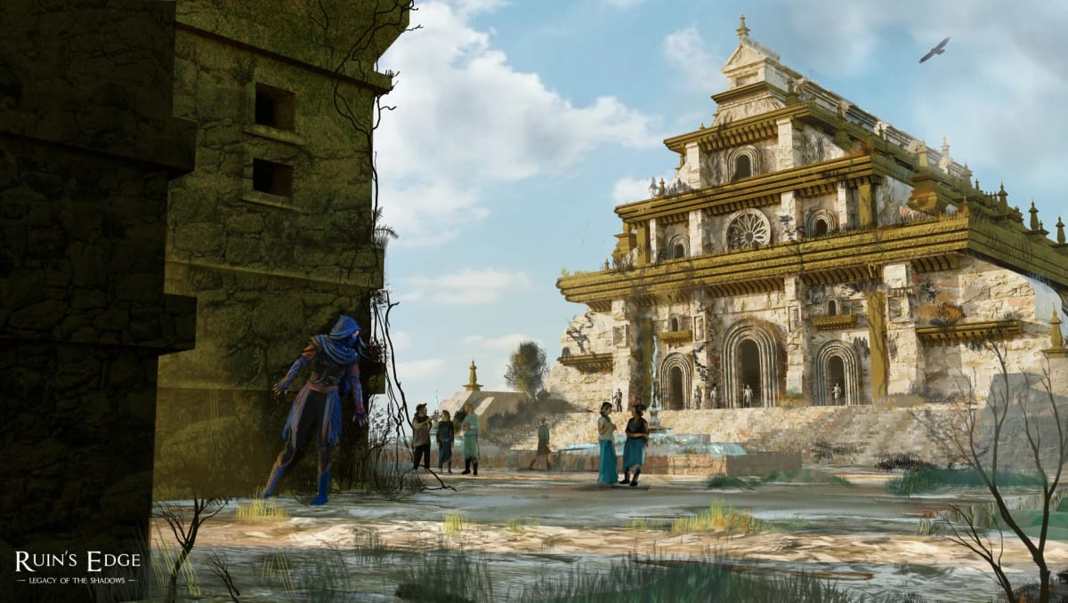 Concept art de un personaje trepando un muro junto a un templo (Ruin’s Edge), de Sandra Montero, profesor de Concept Art e Ilustración en TRAZOS