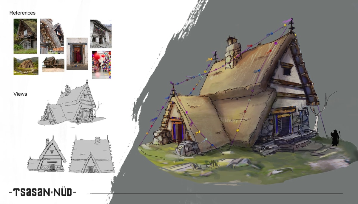 Diseño de una casa con referencias y render final (Tsasan Nüd), de Sandra Montero, profesor de Concept Art e Ilustración en TRAZOS