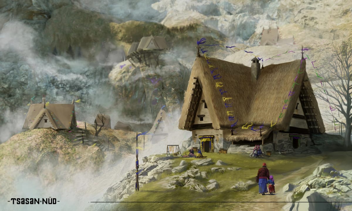 Concept art de una casa de tejado de paja en la montaña, de Sandra Montero, profesor de Concept Art e Ilustración en TRAZOS