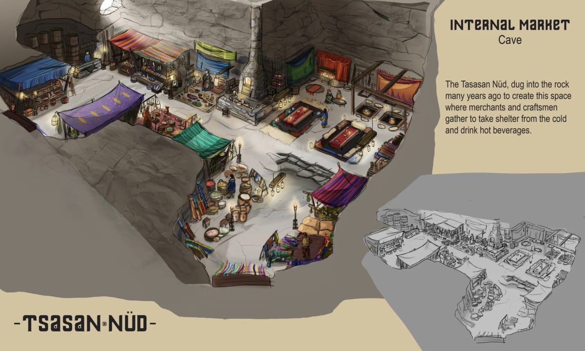 Concept art de un mercado interior en una cueva (Tsasan Nüd), de Sandra Montero, profesor de Concept Art e Ilustración en TRAZOS