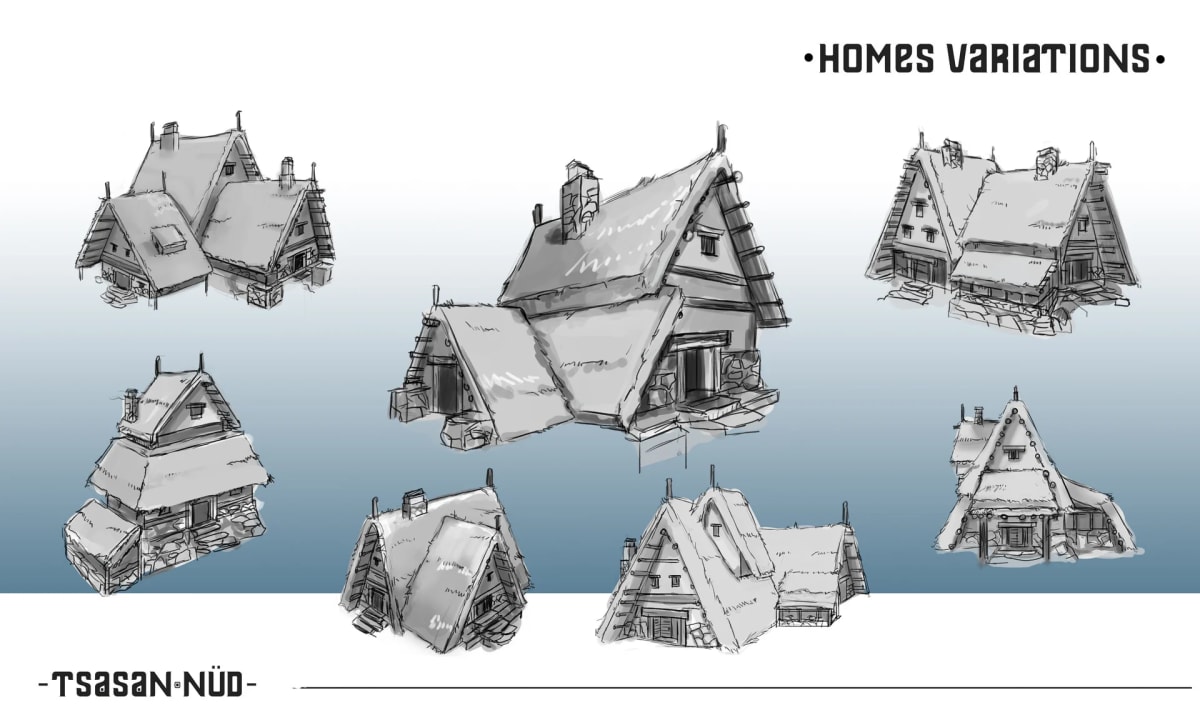 Lámina de variaciones de casas (Tsasan Nüd), de Sandra Montero, profesor de Concept Art e Ilustración en TRAZOS
