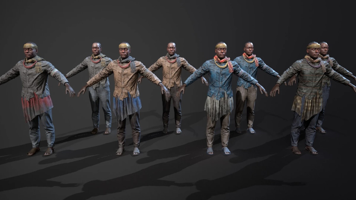 Personaje 3D de un aldeano africano con variaciones de vestuario, de Sergio Santos, profesor de 3D y Videojuegos en TRAZOS