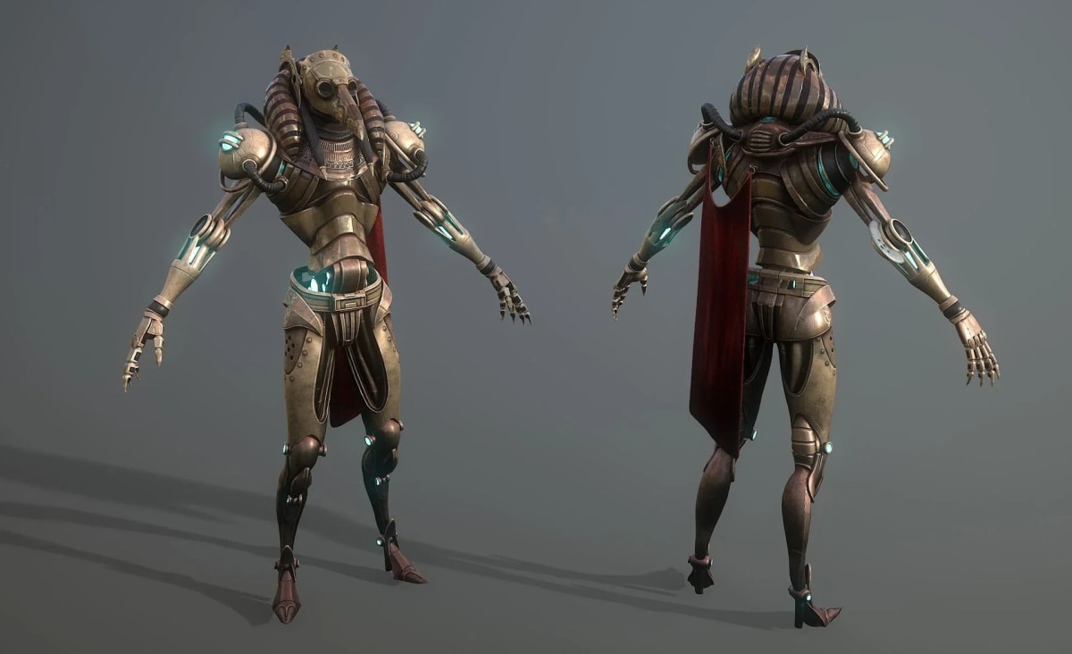 Personaje 3D de un guerrero egipcio cibernético, de Sergio Santos, profesor de 3D y Videojuegos en TRAZOS