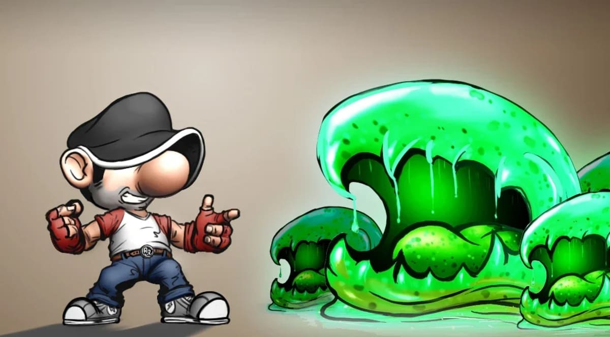 Diseño cartoon de un niño frente a un monstruo de slime verde, de Sergio Santos, profesor de 3D y Videojuegos en TRAZOS