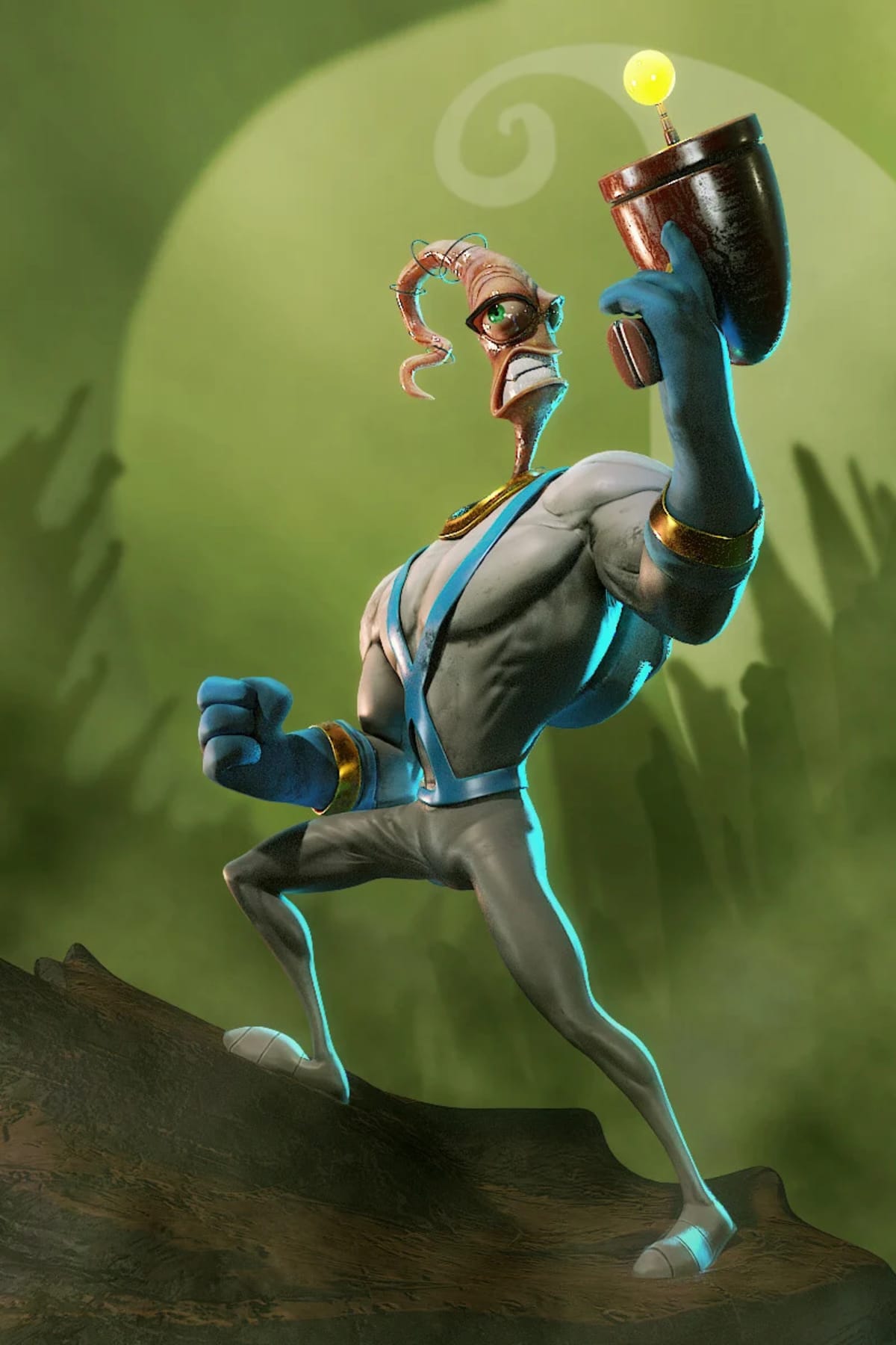 Personaje 3D de un gusano superhéroe, de Sergio Santos, profesor de 3D y Videojuegos en TRAZOS