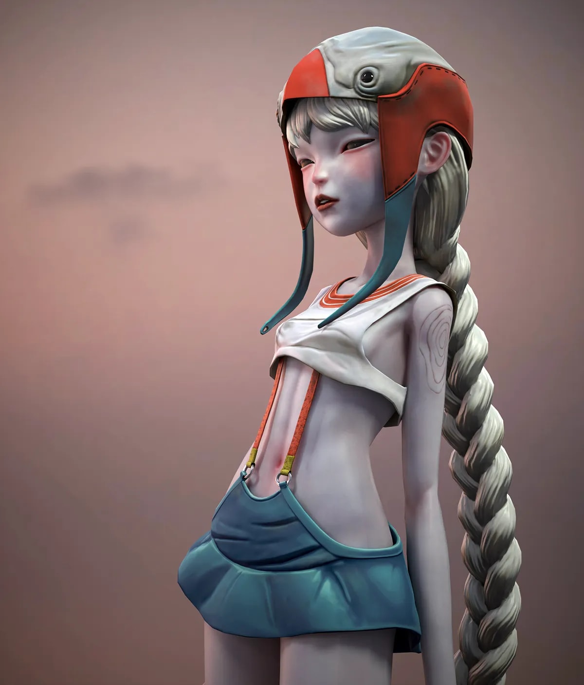 Busto de tres cuartos de la aviadora estilizada con casco de cuero y trenza, de Camino Paricio, alumna de 3D · Modelado y Animación en TRAZOS