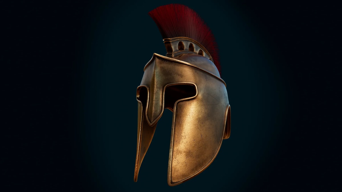 Casco corintio de bronce con penacho rojo, visto en tres cuartos sobre fondo oscuro, de Eduardo Sotomayor, alumno de 3D · Modelado y Animación en TRAZOS