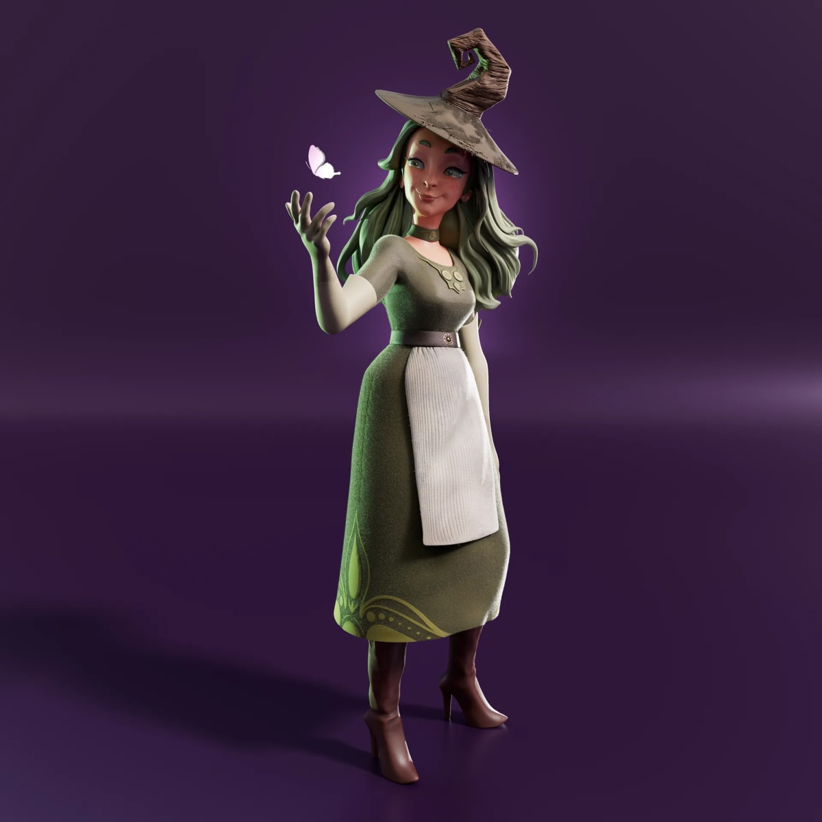 Bruja joven de pelo verde con sombrero, delantal y botas, de cuerpo entero sobre fondo morado, de Javier Rubio, alumno de 3D · Modelado y Animación en TRAZOS