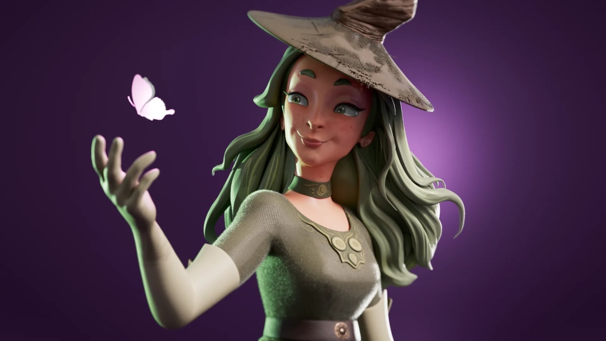 Plano medio de una bruja joven de pelo verde y sombrero puntiagudo sosteniendo una mariposa, de Javier Rubio, alumno de 3D · Modelado y Animación en TRAZOS