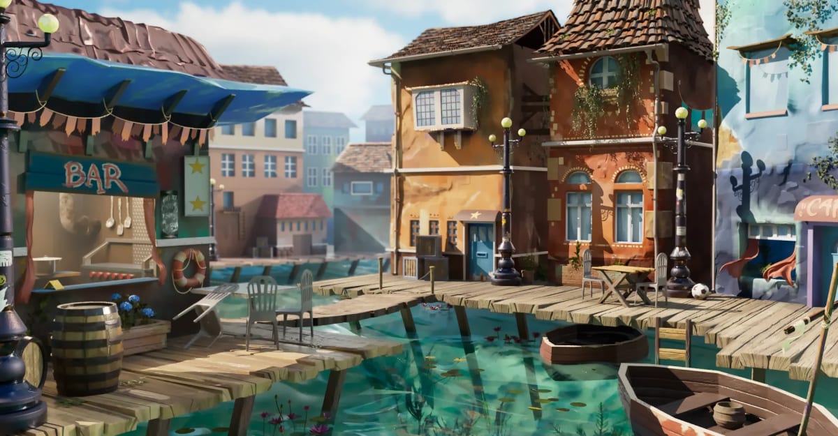 Plano amplio de un pueblo costero estilizado con un bar, barcas y pasarelas sobre el agua, de Javier Rubio, alumno de 3D · Modelado y Animación en TRAZOS