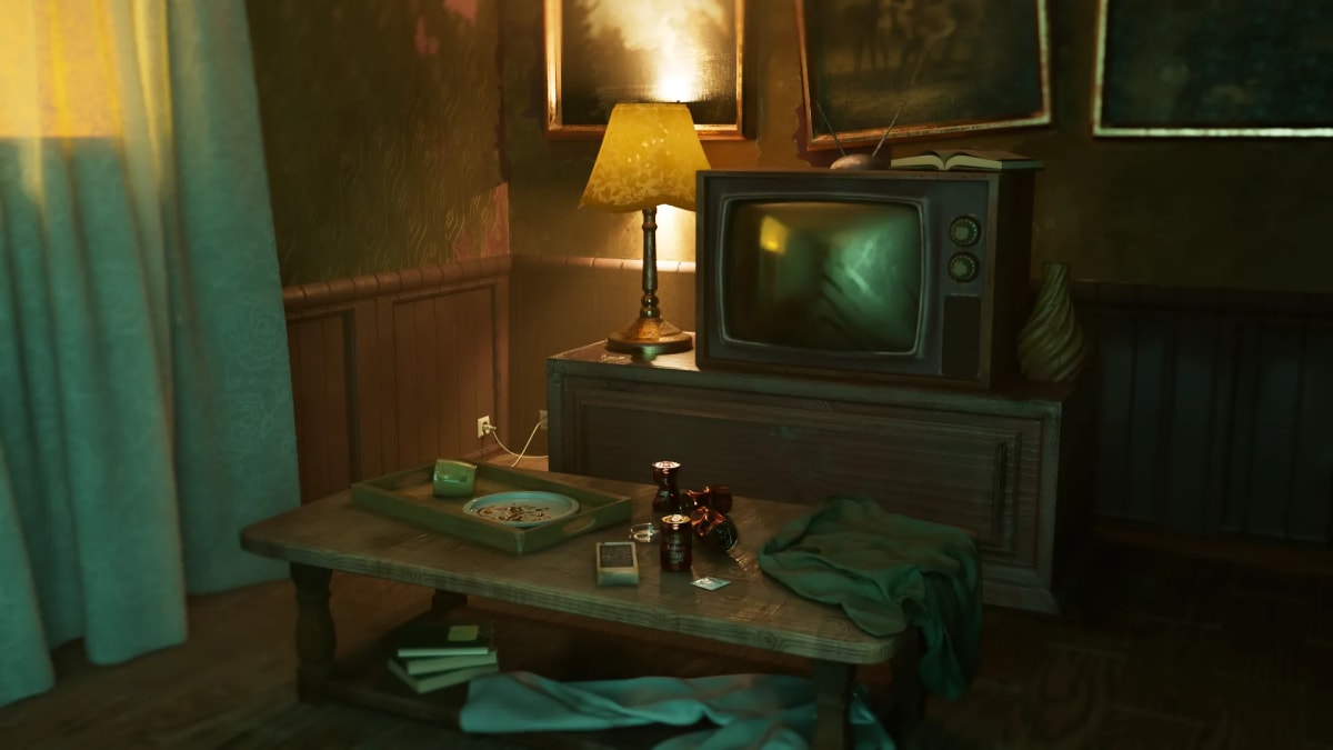 Salón antiguo iluminado por una lámpara, con televisor de tubo, mesa camilla y cortinas, de Javier Rubio, alumno de 3D · Modelado y Animación en TRAZOS