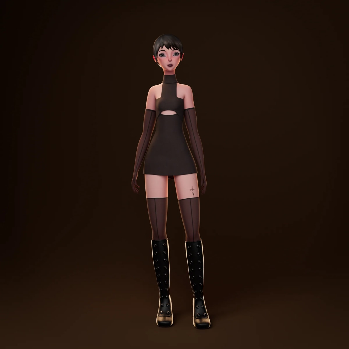 Personaje femenino de pelo corto con vestido negro y botas altas, en plano frontal completo, de Leidy Ríos, alumna de 3D · Modelado y Animación en TRAZOS