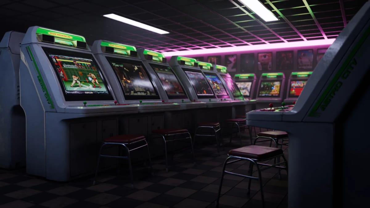 Salón recreativo de los noventa con una fila de máquinas arcade, taburetes y neones, de Leidy Ríos, alumna de 3D · Modelado y Animación en TRAZOS
