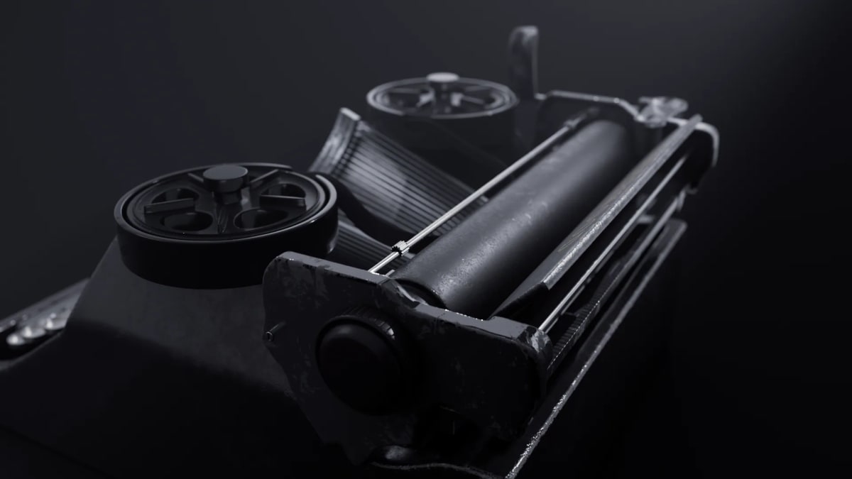 Detalle del carro y el rodillo de una máquina de escribir antigua en blanco y negro, de Lucía Yuwen, alumna de 3D · Modelado y Animación en TRAZOS