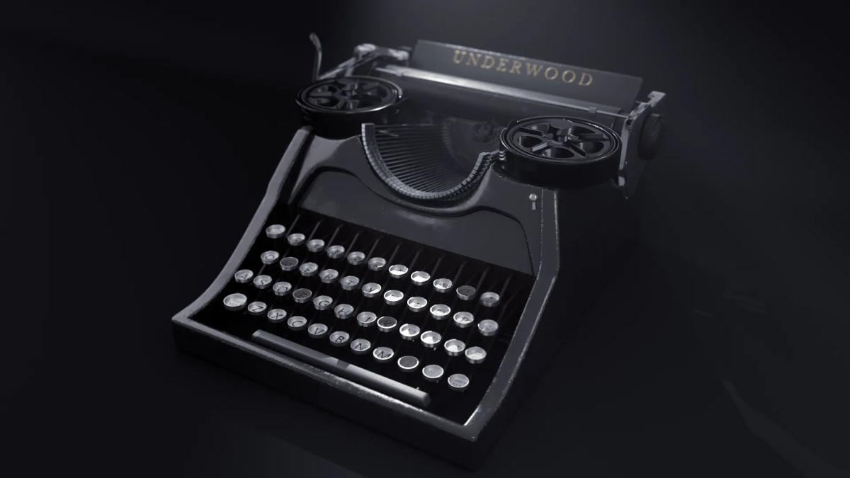 Máquina de escribir Underwood antigua vista en tres cuartos sobre fondo oscuro, de Lucía Yuwen, alumna de 3D · Modelado y Animación en TRAZOS