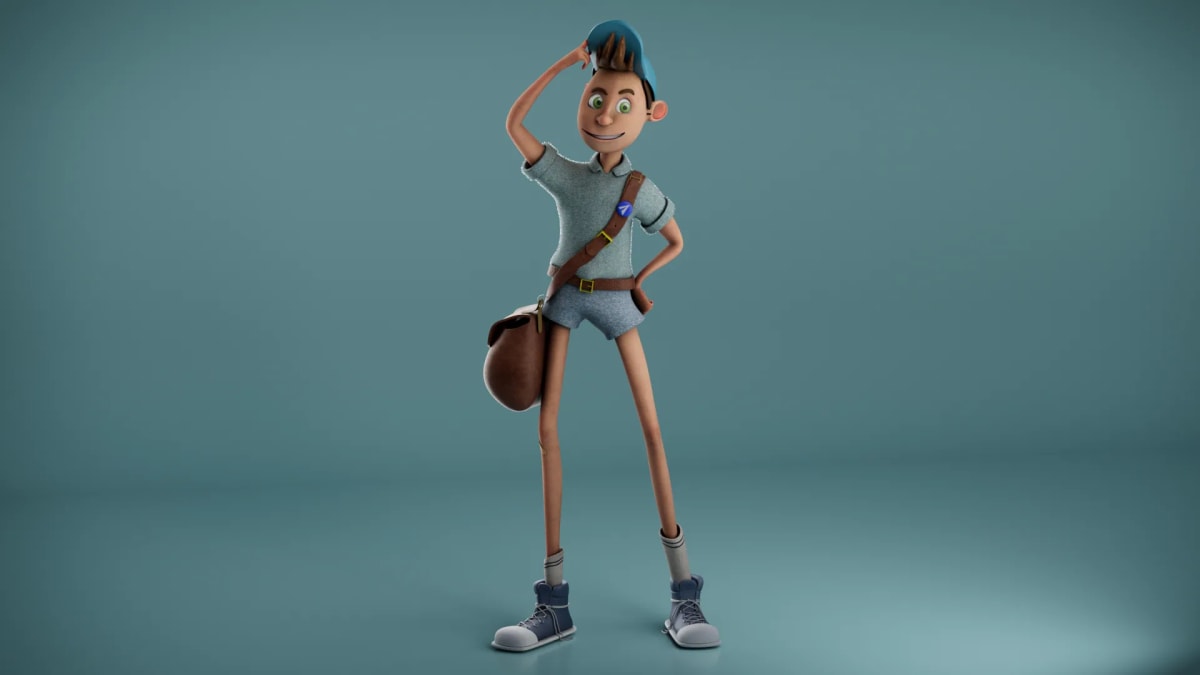Personaje cartoon de piernas largas con gorra azul y bolsa de reparto, en plano general, de Lucía Yuwen, alumna de 3D · Modelado y Animación en TRAZOS