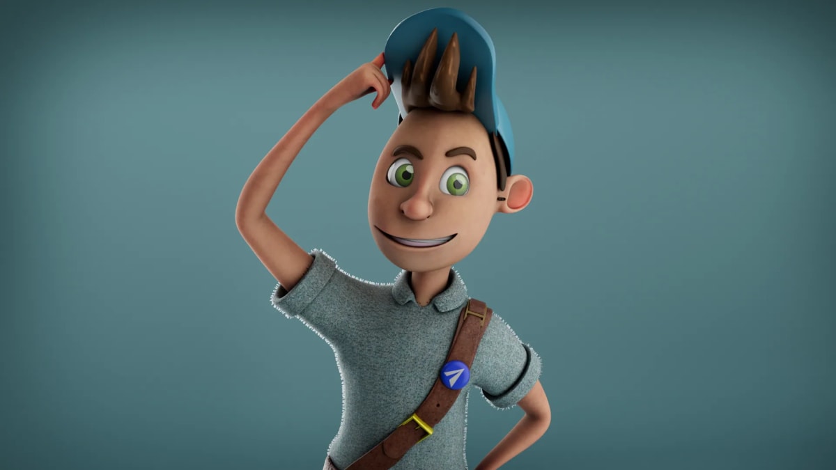 Plano medio de un personaje cartoon sonriente con gorra azul rascándose la cabeza, de Lucía Yuwen, alumna de 3D · Modelado y Animación en TRAZOS