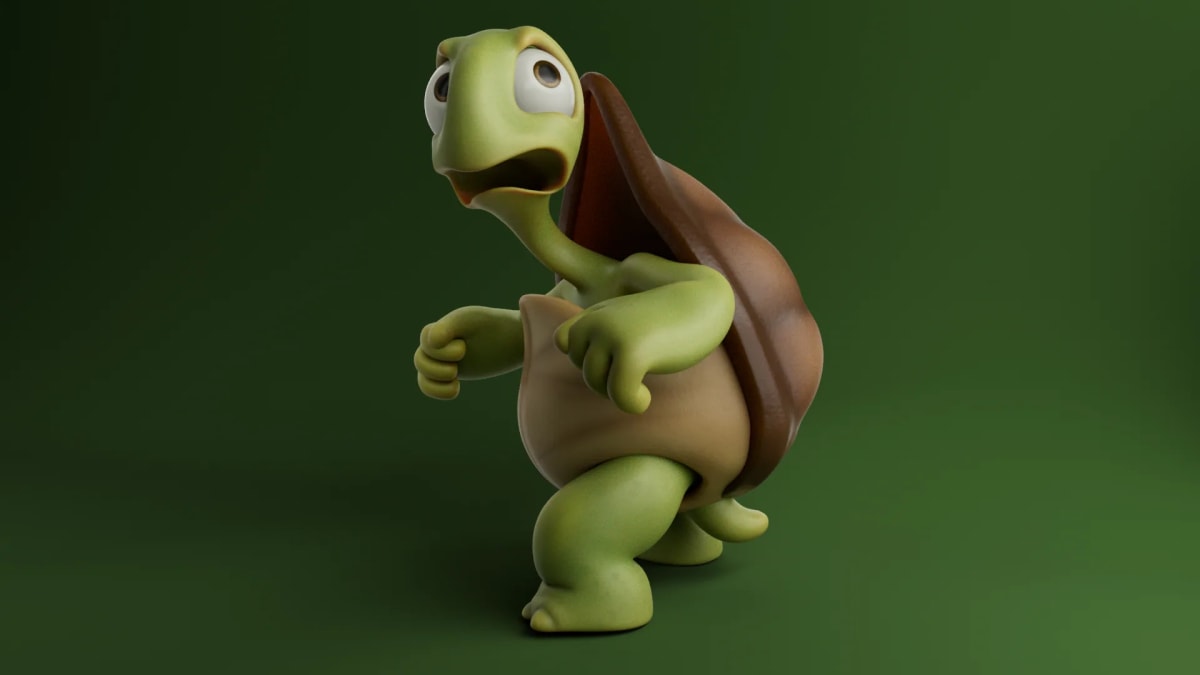 Tortuga cartoon de ojos saltones caminando erguida, vista de lado sobre fondo verde, de Yeimy Rojas, alumna de 3D · Modelado y Animación en TRAZOS