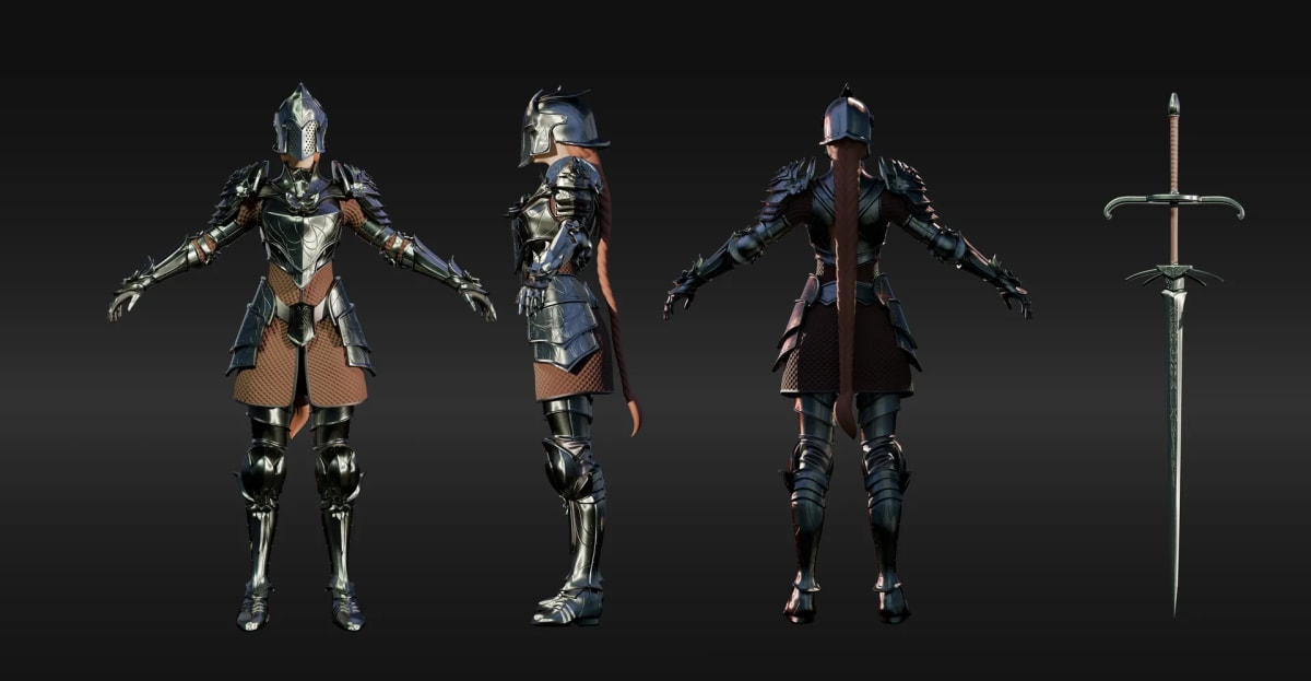 Turnaround 3D de una armadura oscura de placas con yelmo y mandoble, de Aimar Rodríguez, alumno de Concept Art en TRAZOS