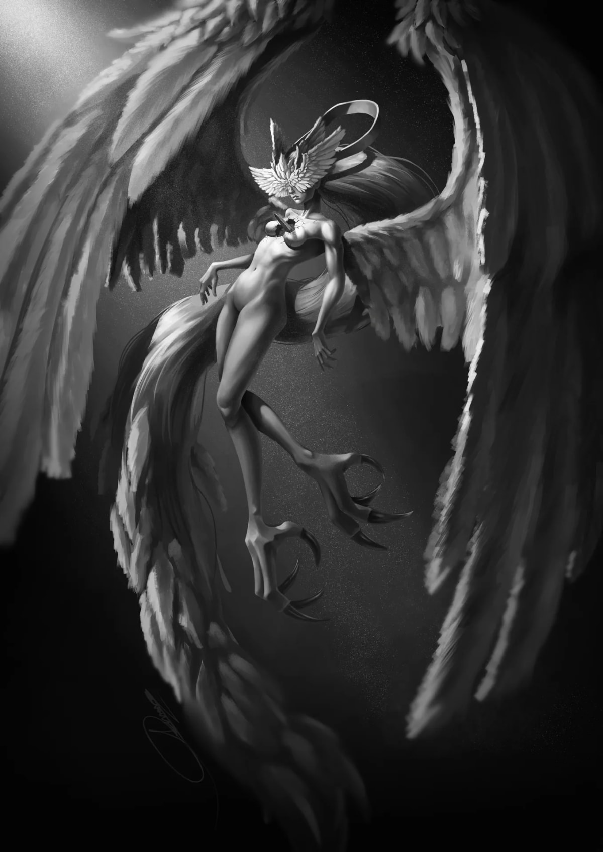 Criatura alada tipo arpía con máscara de plumas y garras, en blanco y negro, de Aimar Rodríguez, alumno de Concept Art en TRAZOS
