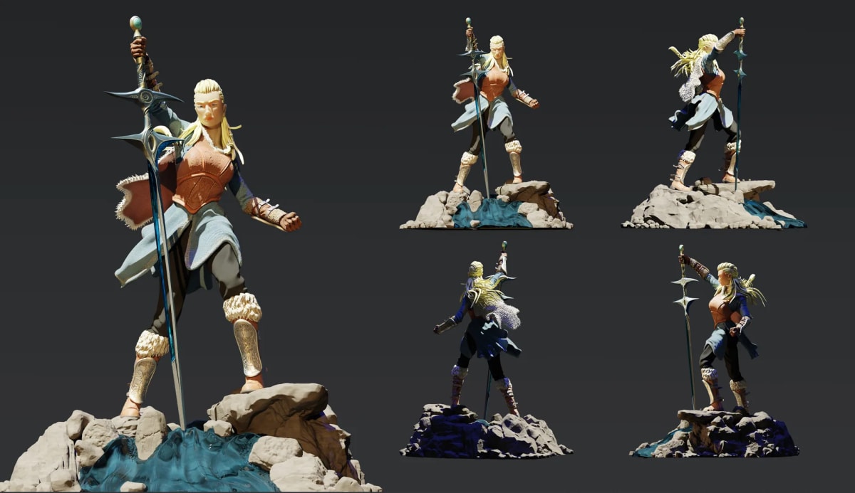 Personaje 3D de una caballera rubia con espada sobre una roca, en cinco vistas, de Aimar Rodríguez, alumno de Concept Art en TRAZOS