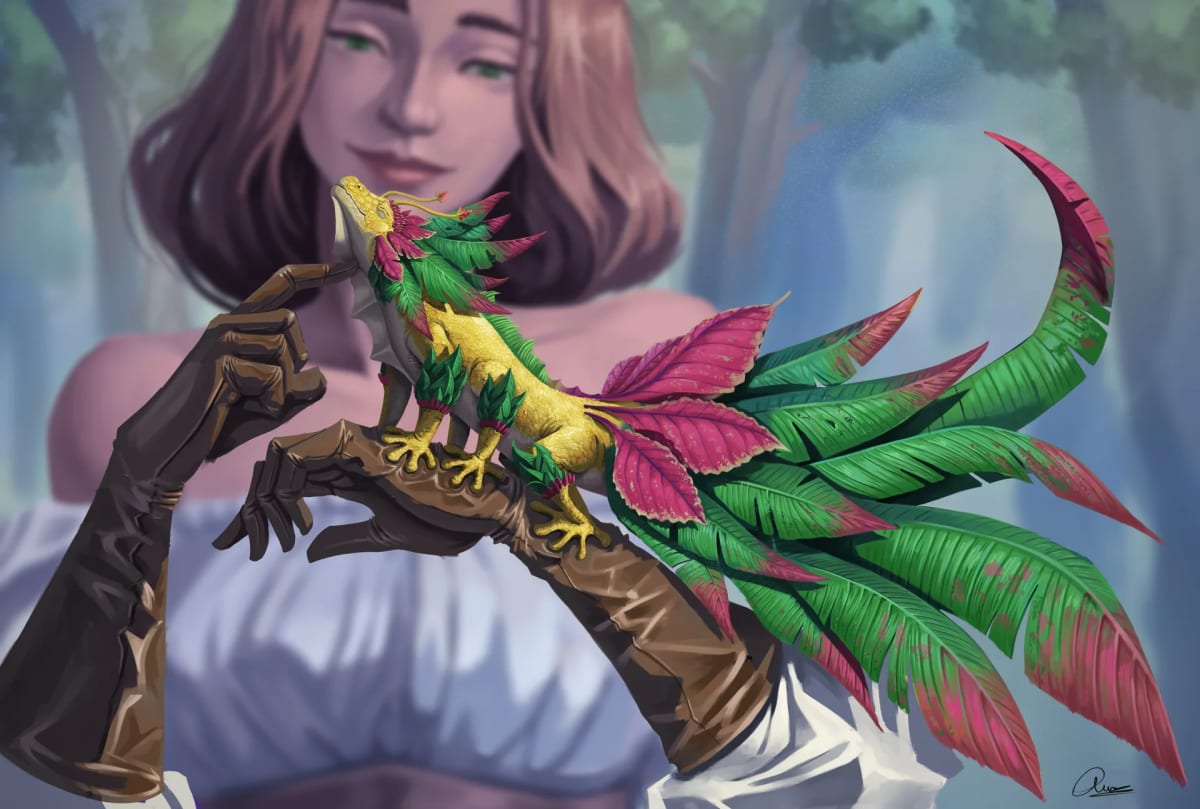 Criatura tipo lagarto con cola de hojas posada en el guante de su domadora, en un bosque, de Aimar Rodríguez, alumno de Concept Art en TRAZOS