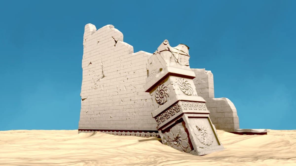 Entorno 3D de una ruina de piedra tallada medio enterrada en la arena del desierto, de Aimar Rodríguez, alumno de Concept Art en TRAZOS