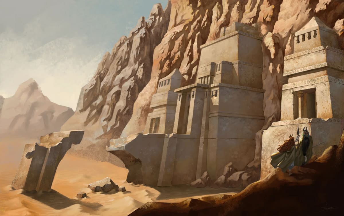Entorno pintado de unas tumbas excavadas en la roca de un desierto, con dos figuras al pie, de Aimar Rodríguez, alumno de Concept Art en TRAZOS