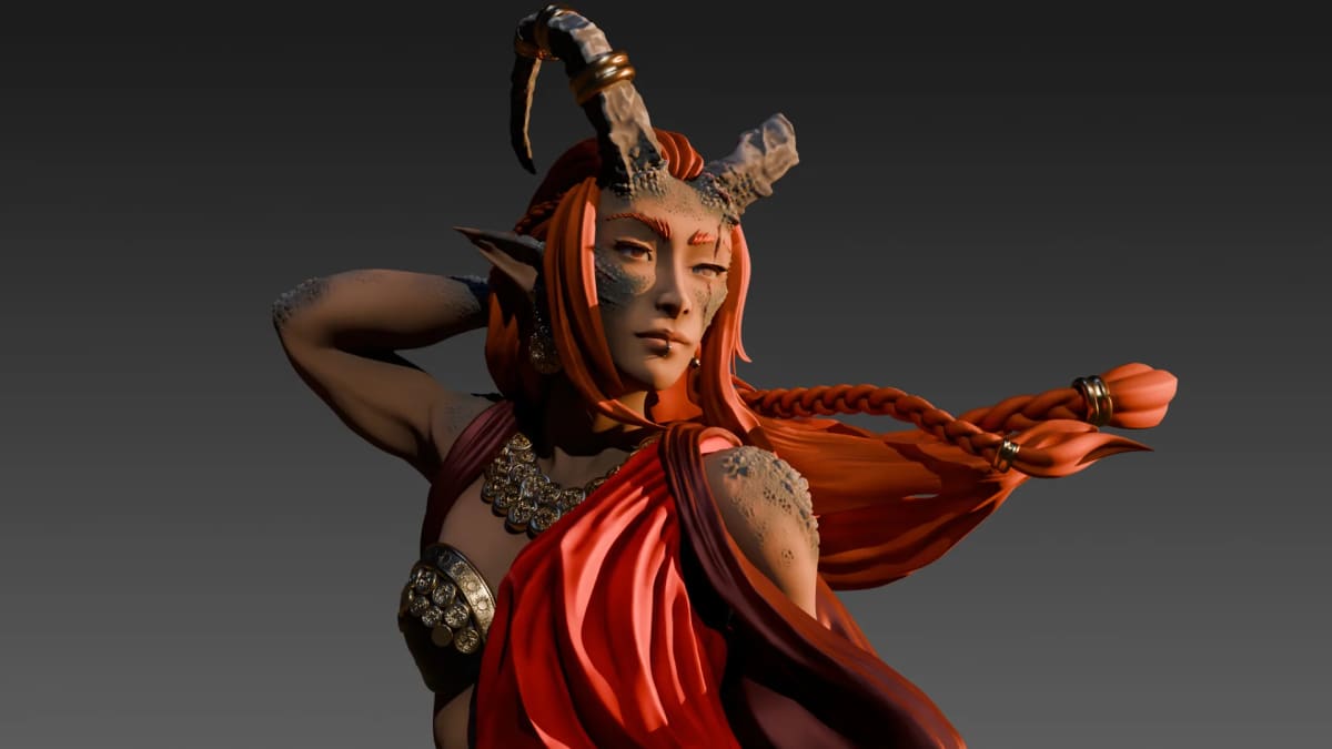 Busto 3D de la guerrera pelirroja con cuernos, trenza y manto rojo, de Aimar Rodríguez, alumno de Concept Art en TRAZOS
