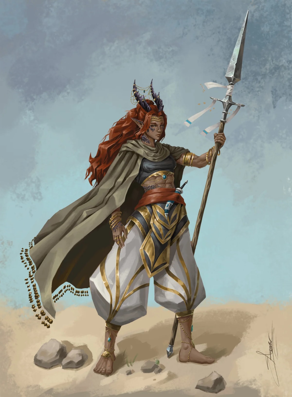 Guerrera pelirroja con cuernos, capa y lanza, de cuerpo entero en un paisaje desértico, de Aimar Rodríguez, alumno de Concept Art en TRAZOS