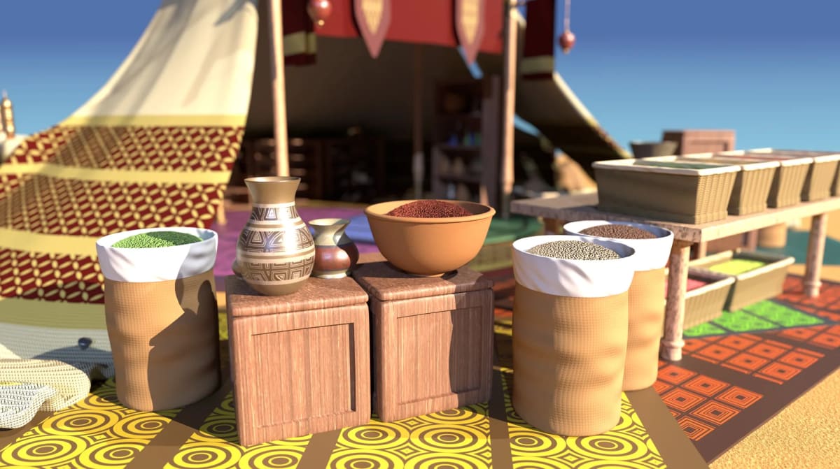 Props de un puesto de mercado con sacos de especias, cuencos y vasijas de barro, de Aimar Rodríguez, alumno de Concept Art en TRAZOS