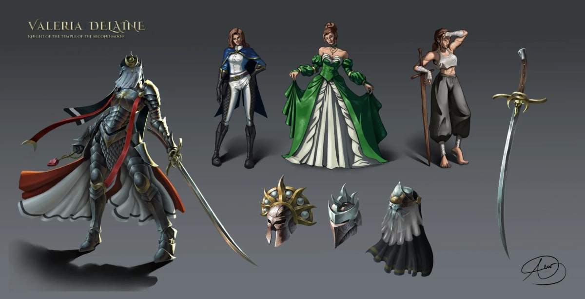 Hoja de personaje de Valeria Delaine con su armadura, tres trajes alternativos, cascos y espada, de Aimar Rodríguez, alumno de Concept Art en TRAZOS