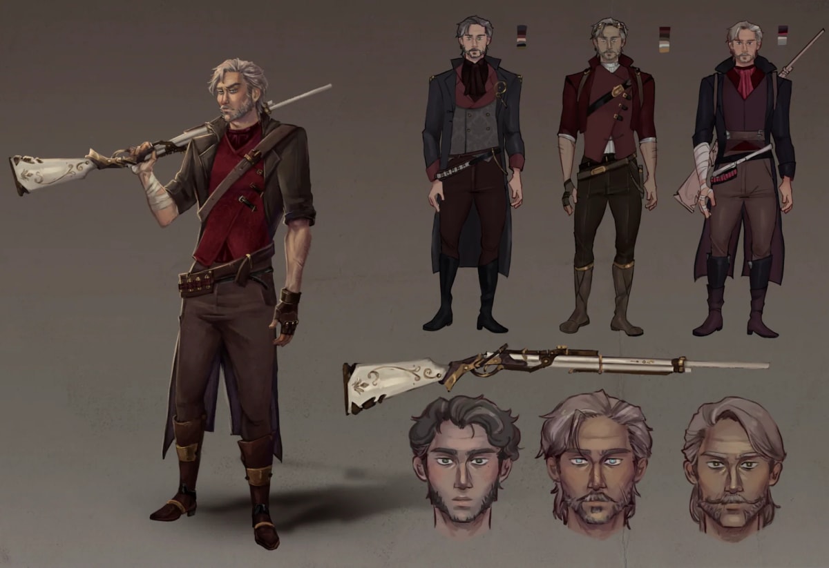 Hoja de personaje de un cazador con trabuco, con tres trajes alternativos y estudios de cara, de Alba Paniagua, alumna de Concept Art en TRAZOS